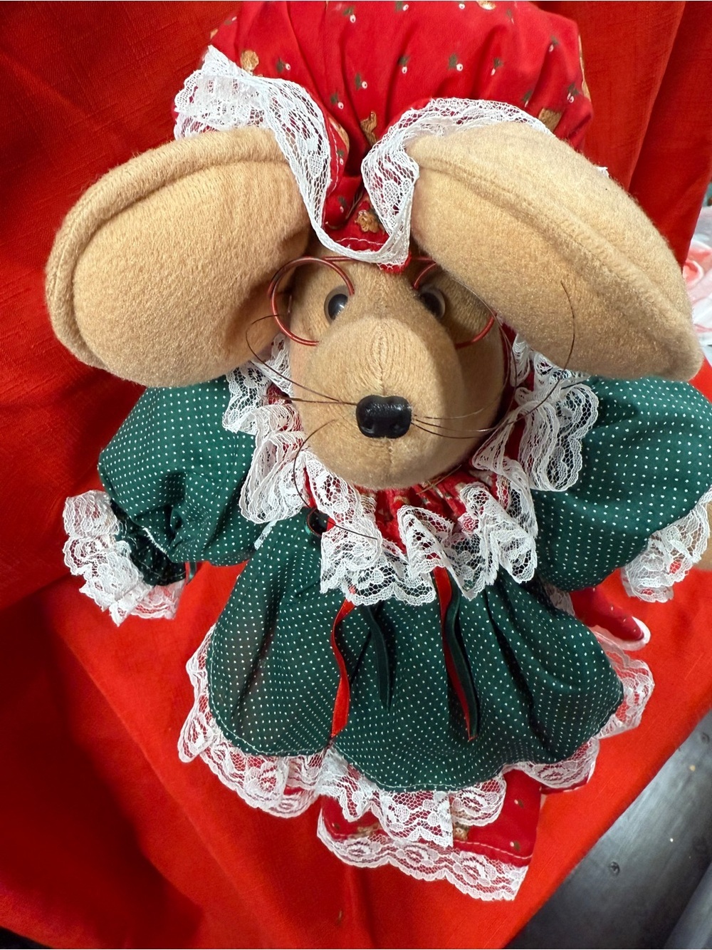 Vintage Christmas Mouse Hand Crafted Red and Green Tan Lace Holiday Mouse Doll
